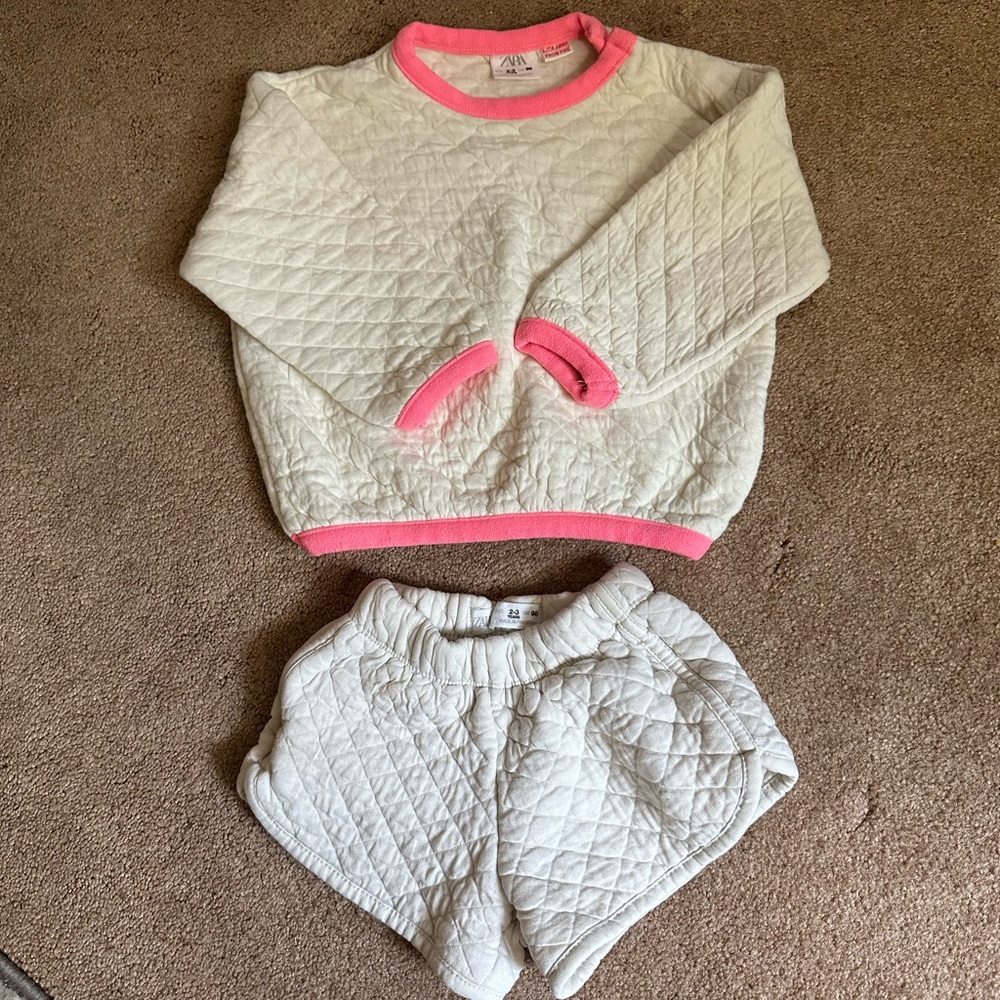 Zara Cream Quilted Set with Pink Trim